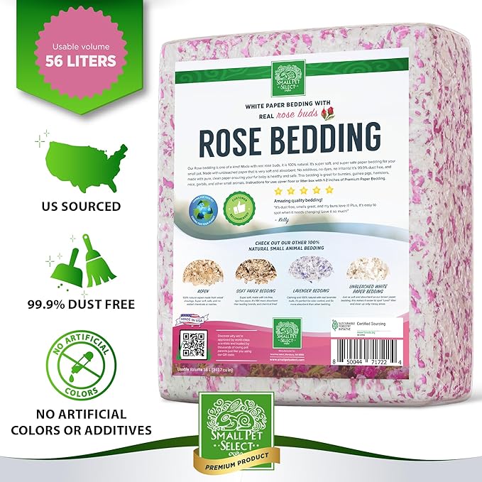 Small Pet Select Rose Bedding, Paper Bedding with Real Rose, Soft Animal Bedding with Odor Control for Guinea Pig, Rabbit, Hamster, or Bunny, Cage Accessories, Made in USA, 56L