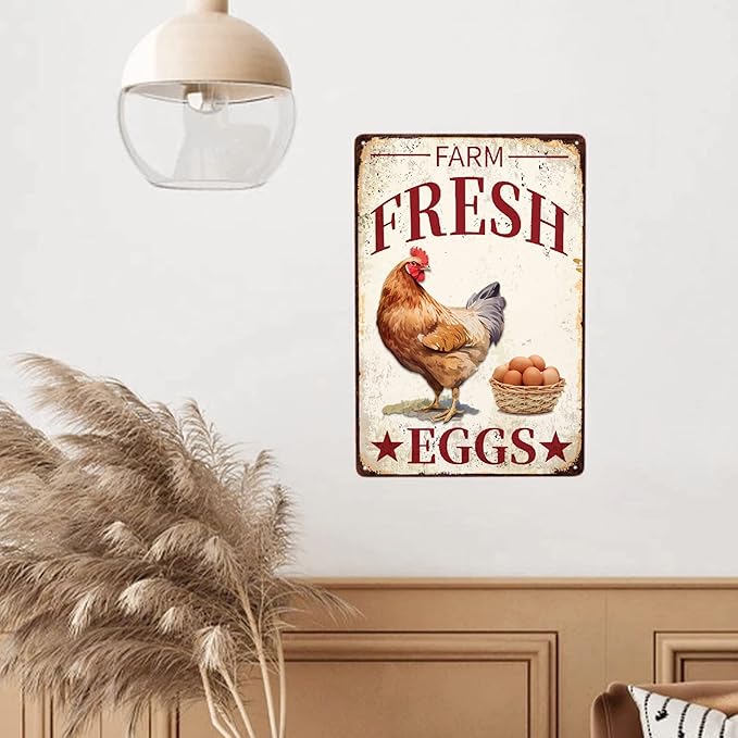 Chicken Vintage Metal Poster Farm Fresh Eggs Sign Decor-Retro Aluminum Funny Metal Tin Sign for Kitchen Farmhouse Store Market Country Farm Barn Supermarket, Outdoor Wall Signs Gift, 12''x 8''