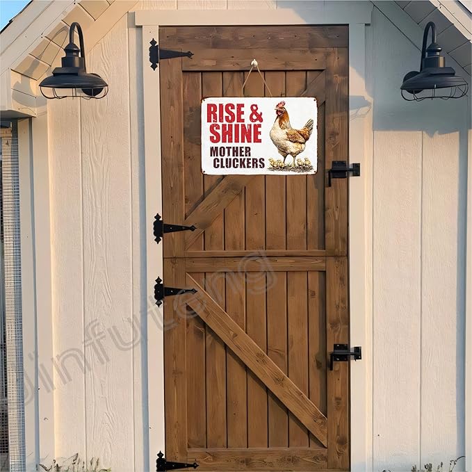 Vintage Chicken Decor Sign Rise And Shine Mother Cluckers for Home Chicken Coop Farm Fence Kitchen Bathroom Wall Decor 12x8 Inch