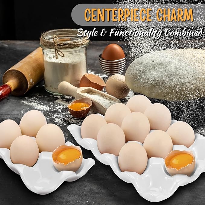 Flexzion 12 + 6 Cups Ceramic Egg Holder for Fridge - 18 Porcelain Egg Tray Container Keeper Storage Organizer Decorative Serving Stand Serveware for Refrigerator Countertop Display Kitchen (White)