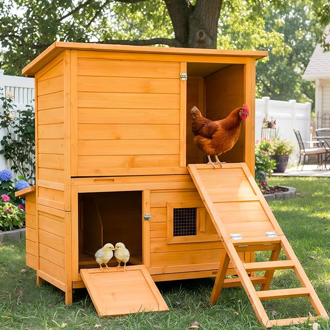 Chicken Coop, 2-Story Large Wooden Hen House for 6-8 Chickens with 3-Nesting Boxes & 2-Easy Clean Pull-Out Tray, 2-Secure Vents, Foldable Ramp & Waterproof Flip-Up Roof, Orange