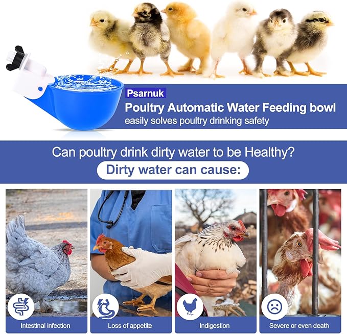 Chicken Waterer Cups (16 Pack/Blue) - DIY Automatic Large Chicken Water Feeder for Ducks Quail and Various Poultry Dispenser with Matching Drill, Double Rubber Ring, Not Leaking Wate