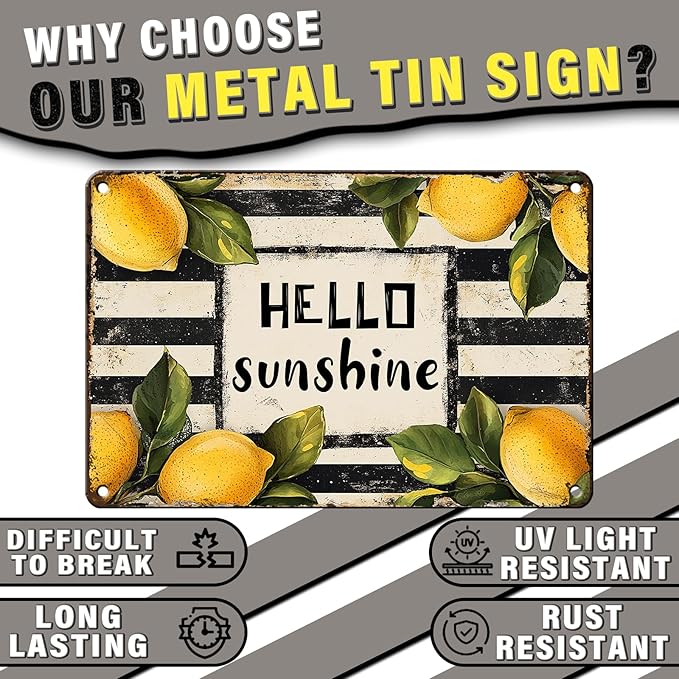 Vintage Metal Sign Hello Sunshine Lemon Summer Spring Farmhouse Retro Tin Sign Metal Poster Vintage Metal Tin Sign Wall Decor for Bars Restaurants Cafes Home Decoration 12x16inch