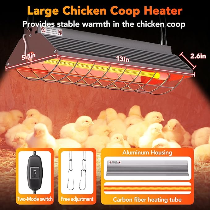 Large Heat Lamp for Chickens, 300W Carbon Fiber Heater for Chick Brooder - Adjustable Height Chicken Coop Heater with 2 Temperature Modes, Long-Lasting 10,000H, Ideal Chicken Coop Accessories