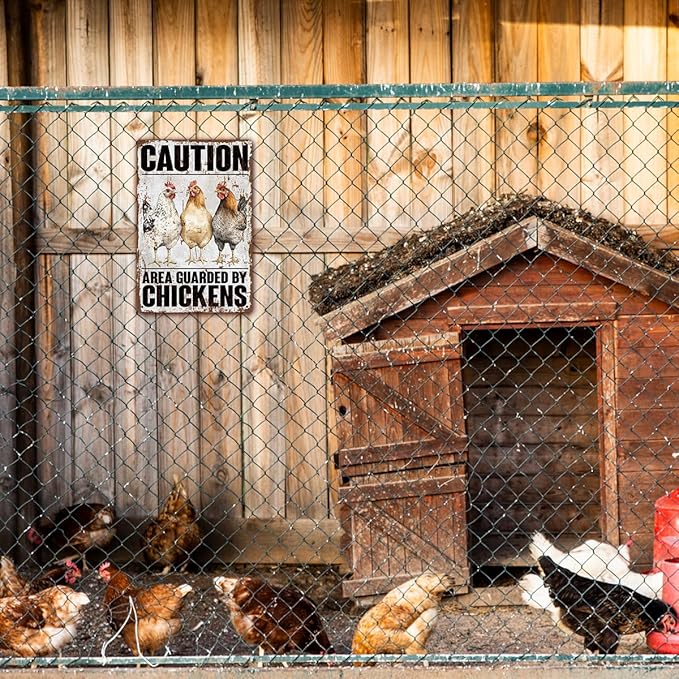 Rustic Vintage Metal Tin Signs, Caution Area Guarded By Chickens Metal Sign, Vintage Retro Rustic Patio Home Décor, Farmhouse Shop Sign, Chicken Lover Gift, Housewarming Gift, 11.8 * 7.9Inch