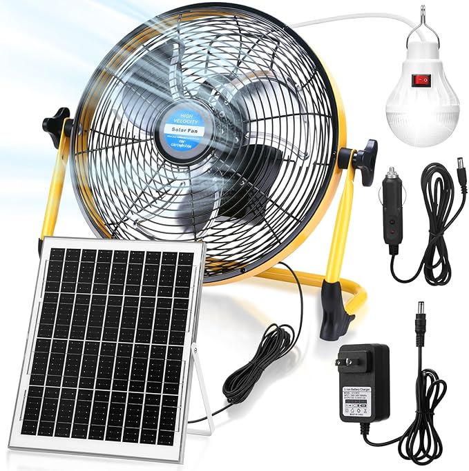 Sumind 12 Inch Solar Powered Fan 15000mah 20w Portable Ventilador Rechargeable Camping Fan Battery Powered with Panel and Light for Outside, Home, Travel, Chicken Coop, Shed, Greenhouse