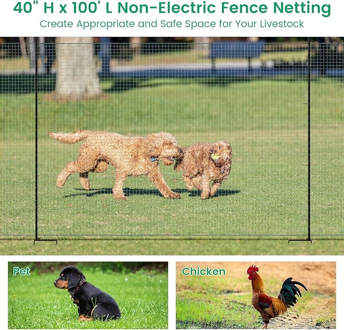 Non Electric Fence Netting 40" x100', Boundary Fence with Double Spiked Posts, Portable Poultry Fence All-Purpose Fencing for Dogs, Chickens, Ducks, Turkeys Suitable in Backyard, Garden, Farm