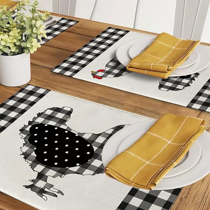 Seliem Farm Chicken Hen Animal Placemats Set of 4, Black White Buffalo Check Plaid Farmhouse Chick Dining Table Place Mats, Spring Summer Country Rustic Kitchen Decor Home Decoration 12 x 18 Inch