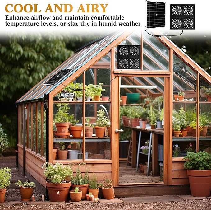 2 Set Solar Panel Fan Kit with 4 Fans 12w USB Weatherproof Solar Exhaust Fan Outdoor Solar Greenhouse Fan Portable Chicken Coop Fan, Metal Shell for Sheds, Attic, Pet Houses, Window Exhaust
