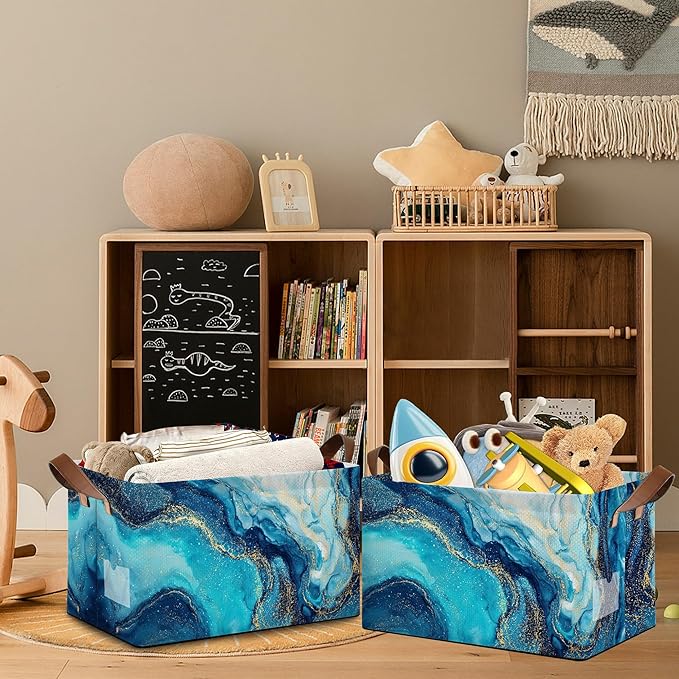 Blue Gold Marble Collapsible Storage Box,Organizer Bin with Handles for Room Decoration,Bins Book Basket Box 17x11.5x10Inch