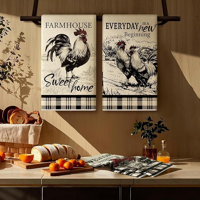 4 Pcs Vintage Kitchen Towels Decorative Set Chicken Rooster Dish Towels, Vintage Rustic Tea Cloth Decor, 27.5x20 Inch Farmhouse Absorbent Decoration Hand Towels (Farmhouse)