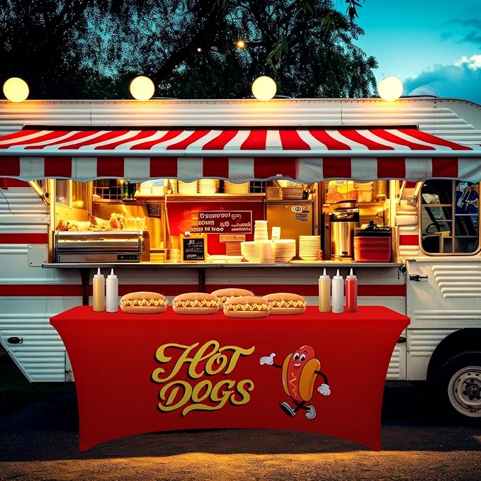 Oudain 6 ft Hot Dogs Tablecloth Stretch Spandex Hotdogs Table Cloth Cover Rectangle Table Hotdog Party Decorations for Sausage Food Hot Dog Concession Stand Supplies