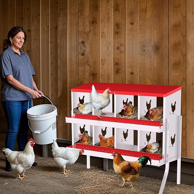 TrailBlaze 8 Compartment Chicken Nesting Box with Metal Legs, Chicken Egg Laying Boxes with Rollout Egg Collection, Large Vented Holes Chicken Coop for Chickens, Hens (Red)