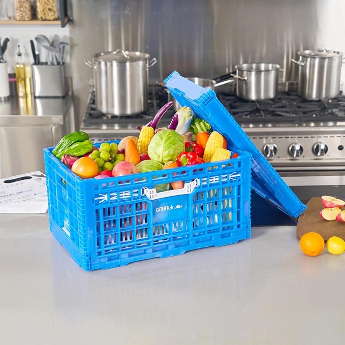 Restaurantware Plastic Milk Crates for Storage - 10 Pack - Cater Tek Stackable Storage Buns for Organizing - Collapsible Storage Basket for Groceries, Home Supplies, Blue