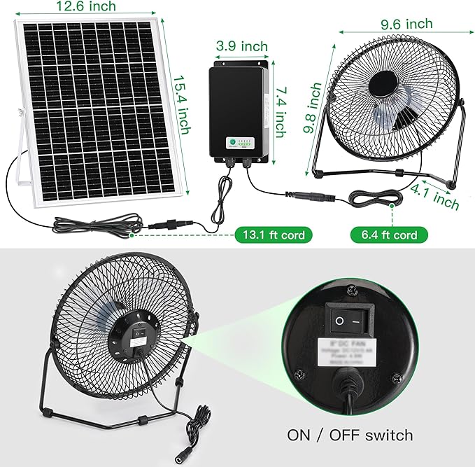 8" Solar Rechargeable Fan, 25W Solar Powered Floor Fan with 66.6 Wh Battery Backup for Outdoor Greenhouse, Chicken Coop, Pet House Air Circulation Cooling