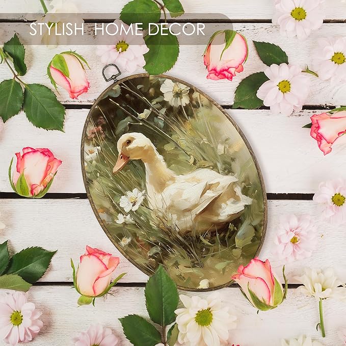 Fewgb Cottage Core Duck Goose Oval Wall Art Decor Framed Gifts, Cottagecore Farmhouse Canvas Wall Art Prints Picture, Vintage Rustic Hanging Room Decor Artwork for Bedroom Nursery Kids Room 9x12