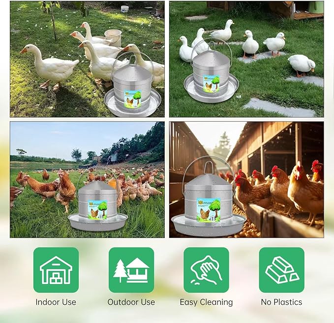 Automatic Chicken Waterer 8L/2.1Gal, 304 Food Grade Stainless Steel Heavy Duty Reliable Long-Lasting Poultry Waterer with Handle, High Strength Structure 0.035 Inch Metal Thickness, No Assemble