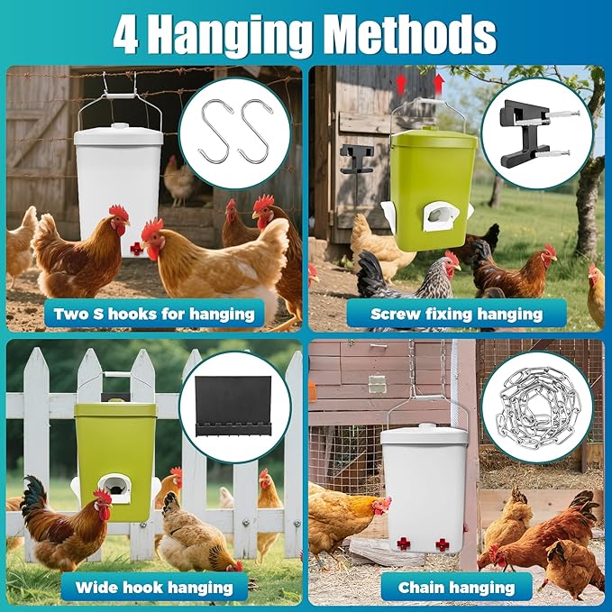 Automatic Chicken Feeder and Waterer Set 3 Gallon/25 Pounds No Waste Poultry Feeder Rain Proof Large Chicken Feeders Chicken Coop Accessories (Grass Green and White)