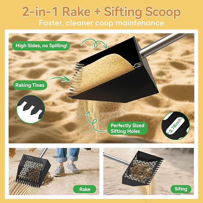 Chicken Poop Scooper for Sand 2-in-1, Heavy Duty Chicken Scooper for Poop with 35" to 65" Stainless Steel Handle, Chicken Coop Scooper Rake, Litter Scooper Sand Sifting Shovel for Chicken Coops & Pet