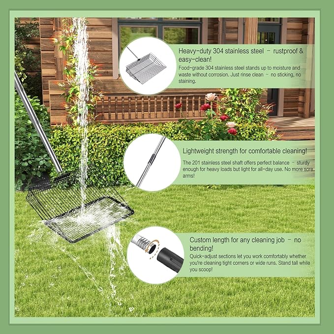Chicken Poop Scooper for Sand, 2Pack Chicken Coop Scoop, Rake, and Cleaning Tools, Stainless Steel Litter Sifting Shovel for Coop Waste with 15" & 10" Replaceable Heads