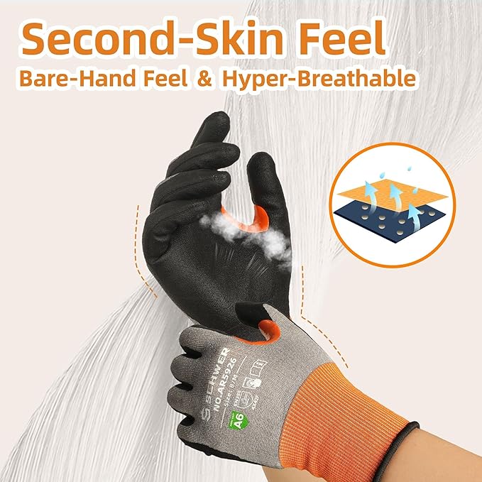 Schwer A6 AIR-SKIN Cut Resistant Work Gloves, Comfortable & Breathable, 21-Gauge Seamless Knit Flexible Safety Working Gloves with Grip for Refined Tasks, Touch-screen, 2 Pairs, S, AR5926