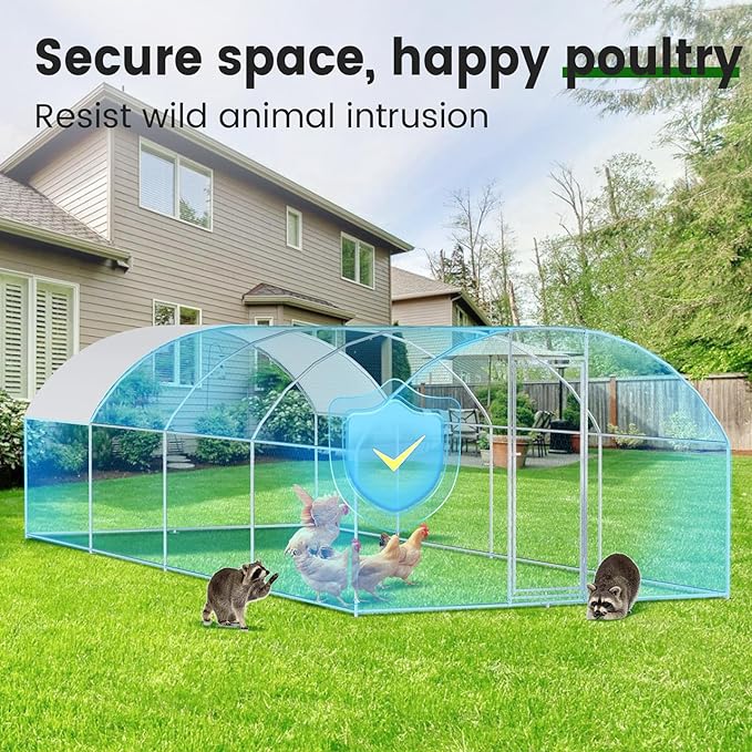 Large Metal Chicken Coop (26' L x 9.8 W x 6.6' H) Walk-in Chicken Run Cages with Waterproof and Anti-Ultraviolet Cover for Outside Dome Top