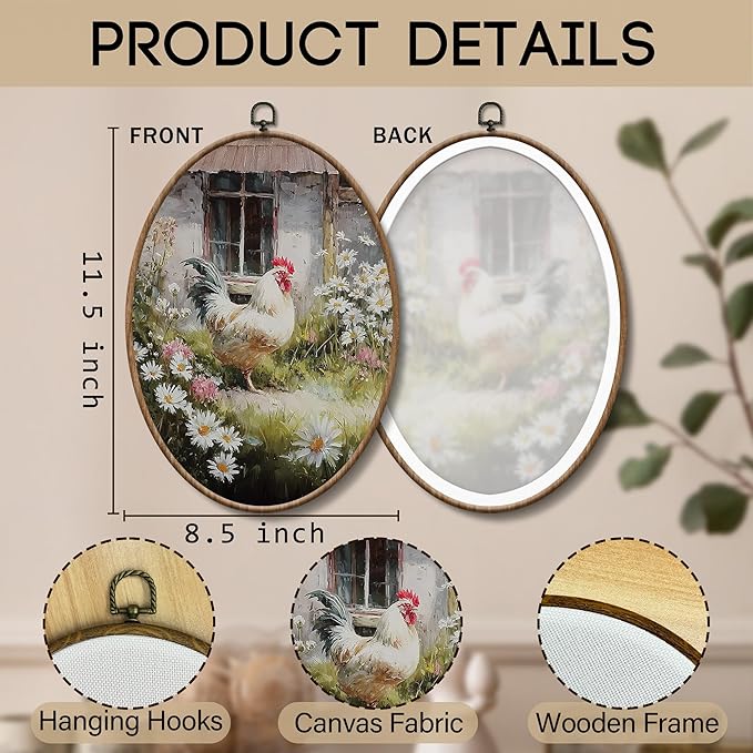 Yorhifa Vintage Farmhouse Rooster Framed Wall Art, Rustic Cottagecore Chicken Oval Wall Art, Country Daisy Floral Oval Walls Decor, Countryside Farm Animal Canvas Artwork Hanging Decor, 8.5x11.5in