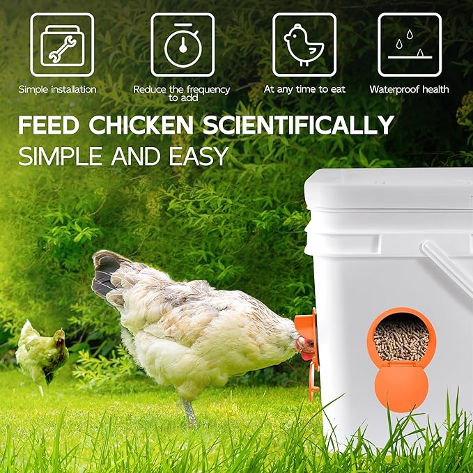 Chicken Feeder Port 8 Pack Poultry No Waste Port Kit with Stopper Lid, 1 Hole Saw, DIY Automatic Reusable Coop Feeder, Rain Proof Gravity Feeding Geese Duck Hens Rooster for Bucket Barrel Bin (Orange)
