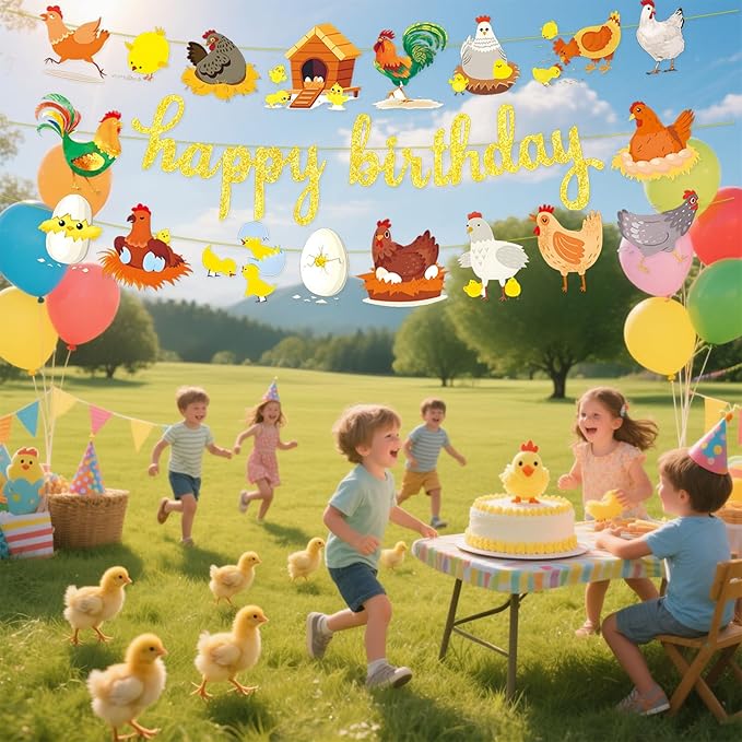 3pcs Chicken Birthday Decorations Gold Glitter Happy Birthday Banner and Chicken Paper Garlands for Spring Easter Hen & Chick Farm Theme Party Decor Supplies