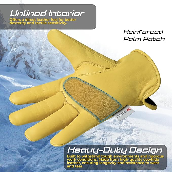 3 Pair Winter Heavy Duty Leather Work Gloves for Men & Women – Water-Resistance, Cowhide Construction & Yard Leather Gloves – Puncture Resistant Safety Gloves for Landscaping & Outdoor Use (M)