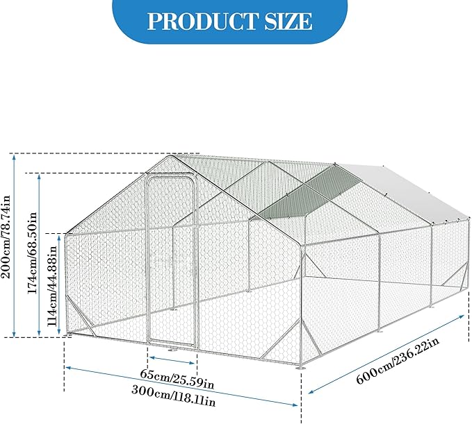 Large Metal Chicken Coop, Walk-In Poultry Cage, Chicken Run Pen House With Reinforcement & Waterproof & Anti-Ultraviolet Cover Chicken Coop Run With Double Lockable Doors for Outdoor 9.8 x 19.7X 6.6ft