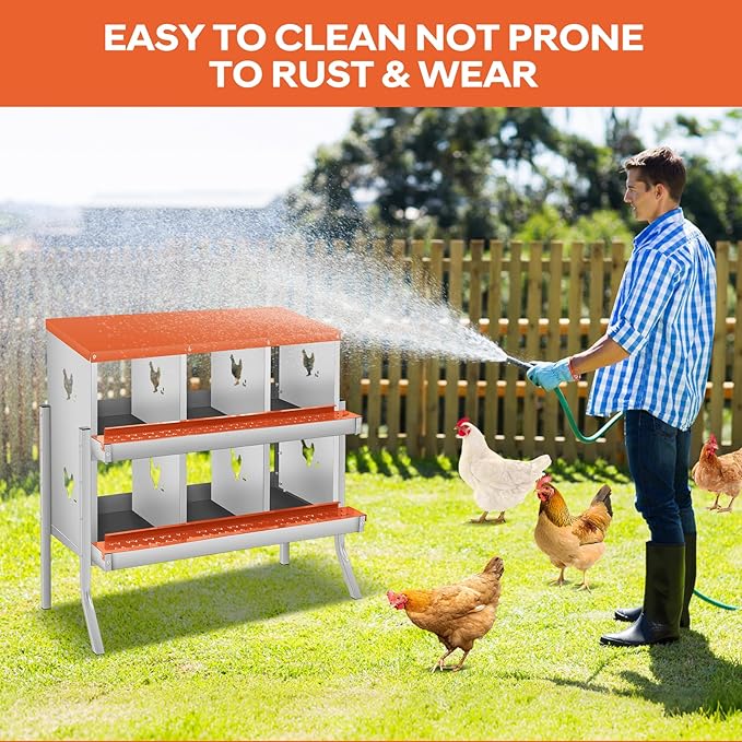GarveeLife Chicken Nesting Box, 6 Compartments Nesting Box for Chickens, Two-Tier Galvanized Steel Chicken Egg Laying Box with Large Vented Holes Wall Mounting for Easy Egg Collection
