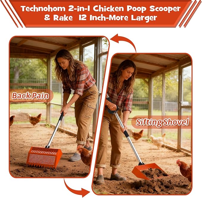Chicken Poop Scooper & Rake 2-in-1 – 12 Inch Shovel Head & 3-Angle Adjustable 304 Stainless Steel Handle, Chicken Litter Scoop and Coop Rake & Sand Sifting Shovel for Chicken Coops, Orange