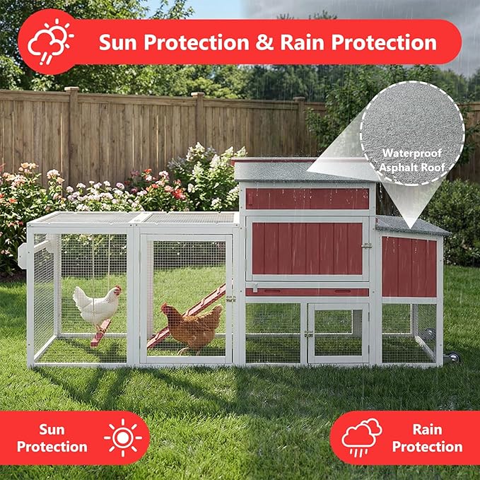 78" Wooden Chicken Coop with Nesting Box, Poultry Cage with Wheel Leak Proof Pull-on Tray and Asphalt Waterproof Roof, Hen House for Garden Backyard Farm
