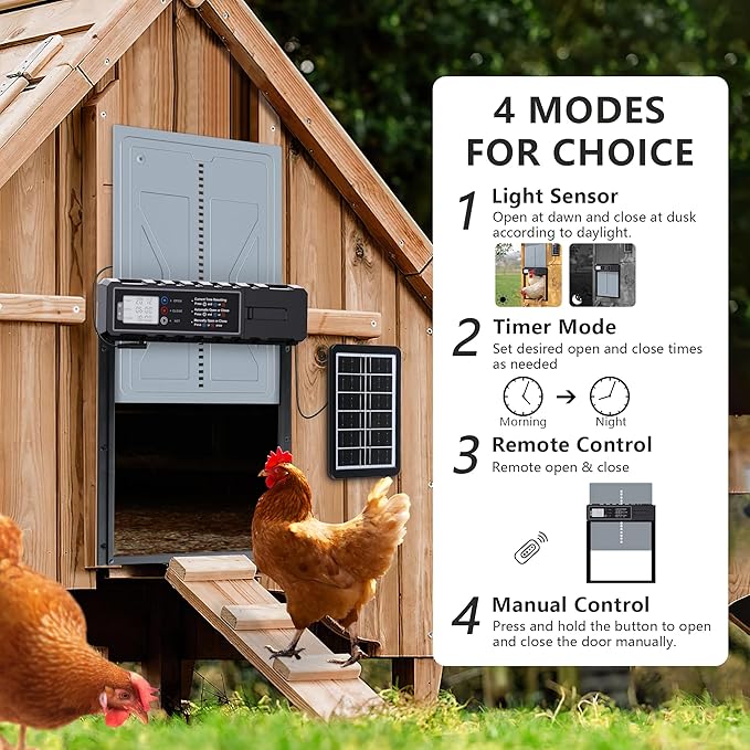 Automatic Chicken Coop Door Solar Powered with Timer & Light Sensor, LCD Display, Remote Control, 4 Modes Aluminum Alloy Auto Chicken Coop Door Solar, Anti-Pinch & Weather Proof