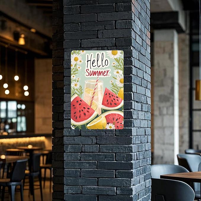 Hello Summer Vintage Tin Sign Watermelon Summer Decor Funny Wall Decor for Home Cafes Office Club 12x8 Inch
