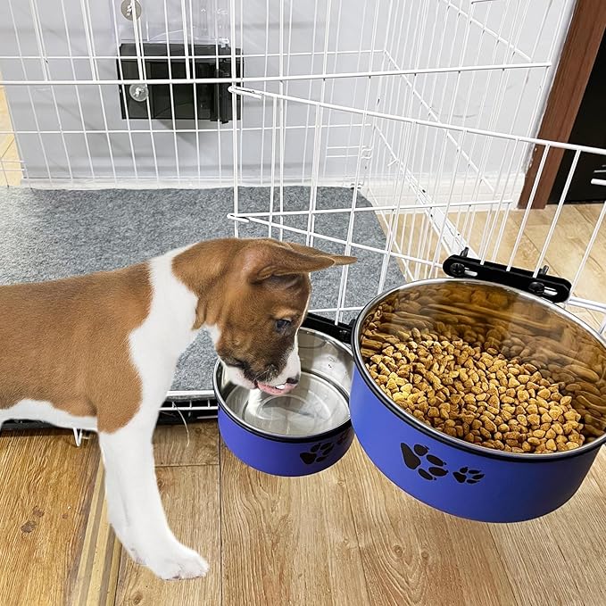 Dog Crate Food and Water Bowl 2Pcs Small Pet Hanging Kennel Removable Dish Feeding Cup with Holder No Spill for Medium Large Size Puppy Cat (Blue, 6.3''X2.5''&7.1‘’X2.7'')