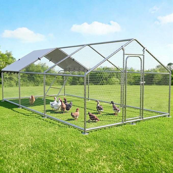 Large Metal Chicken Coop with Waterproof and UV-Resistant Cover,Chicken Run Outdoor Walk-in Cage Rabbit Duck Hen House for Yard Farm Use Spire Roof(10' L x 14.8' W x 6.4' H)