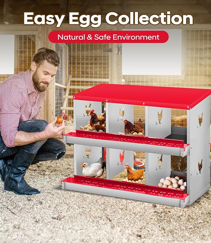Chicken Nesting Box for Laying Eggs, 6 Compartment Metal Nesting Box,Wall Mount Chicken Nesting Boxes,Easy Egg Collection,Laying Boxes for Chickens Coop to Protect Eggs (Red, 6 Compartment)
