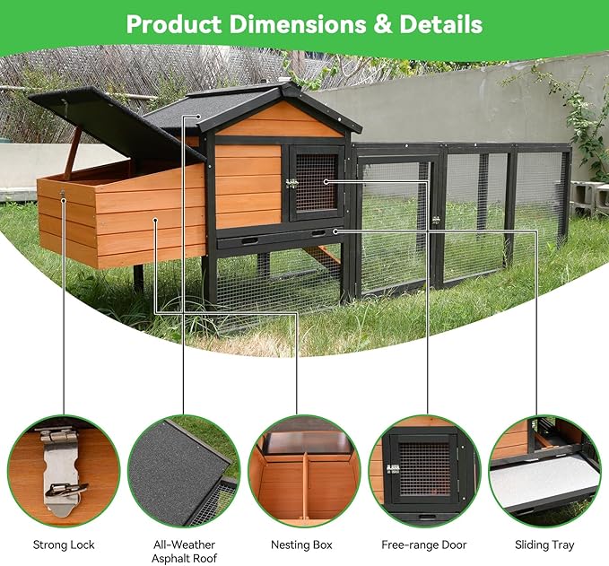 Chicken Coop for 2-6 Chickens Outdoor Wooden Hen House Poultry Pet Hutch for Backyard with Run Cage & Nesting Box(Brown)