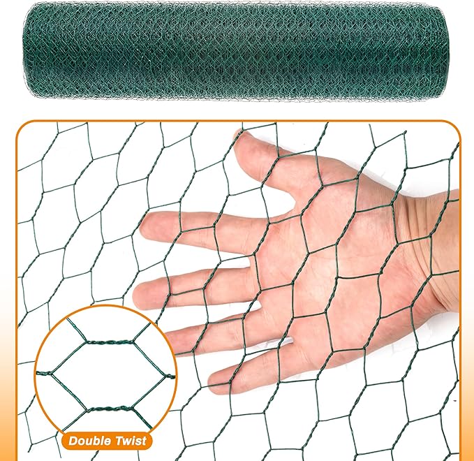 Green Chicken Wire 48 inch(H) x 100 ft(L), Anti-Rust Hexagonal Galvanized Metal Garden Netting for Floral Arrangements, PVC Coated Chicken Wire Coop for Crafts Plant Protector Pet Rabbits Fencing