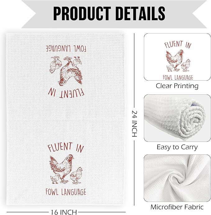 Funny Chicken Kitchen Dish Towels 16x24 Inch, Red Crazy Chicken Gifts for Chicken Lover Chicken Mom, Fluent in Fowl Language Decorative Hand Towels Tea Towels for Farmhouse Home