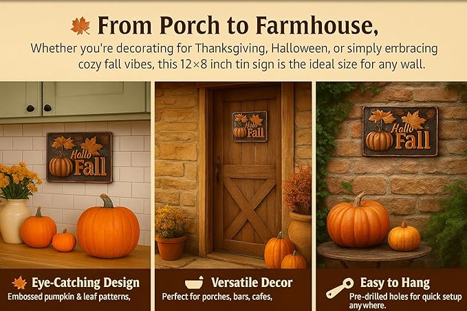 "Hello Autumn" Vintage Metal Tin Sign - Pumpkin & Fall Leaves Design, Perfect for Garage, Porch, Cafe, Bar, For Man Cave, Farmhouse & Yard Decor, 12x8 Inches