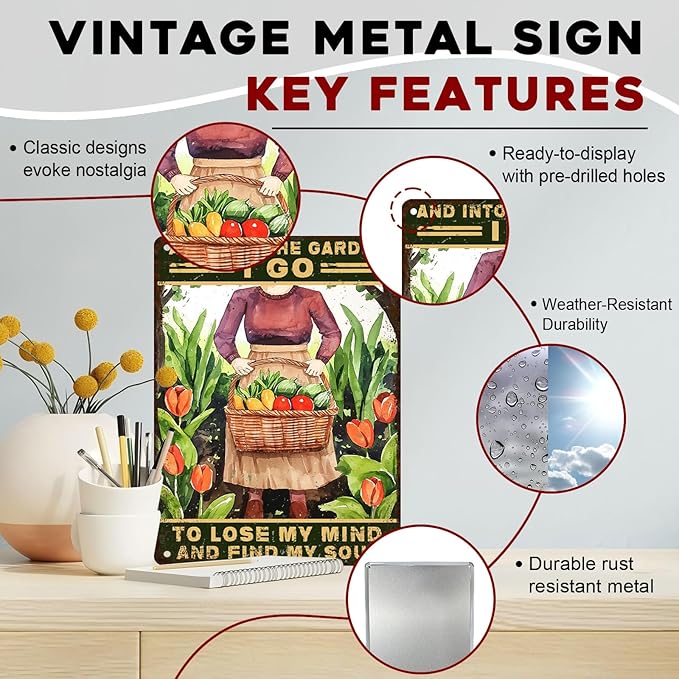 ARTWALLURE Garden Sign Vintage Girl Metal Decor And Into The Garden I Go to Lose My Mind and Find My Soul Gardening Sign Retro Decoration for Outdoor Patio 12x16inch