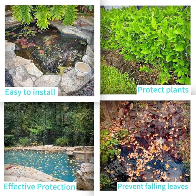 JUNFLYING 20x40 Ft Pond Netting for Leaves, 1/2 in Fine Mesh, Strong Woven Koi Fish Net Cover, Against Birds, Cats & Predators, Stakes Included