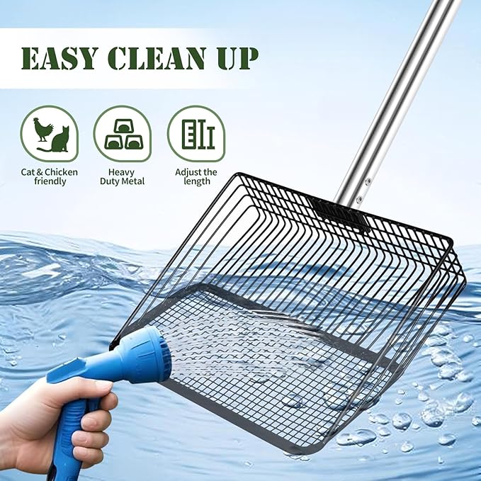10inch Large Metal Chicken Poop Scooper & Chicken Coop Scoop, 3-Level Adjustable Chicken Coop Scooper for Sand with Stainless Steel Handle, 4-in-1 Multi-Function Heavy Duty Manure Screening Shovel