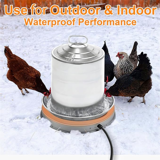 Chicken Water Heater for Winter, 11.8" Stainless Steel Heated Base for Poultry Drinker, 110V 60Watt Thermostatic Heater for 1-5 Gallon Chicken Waterer, US Plug, Anti-Rust, Safe for Coops and Barns