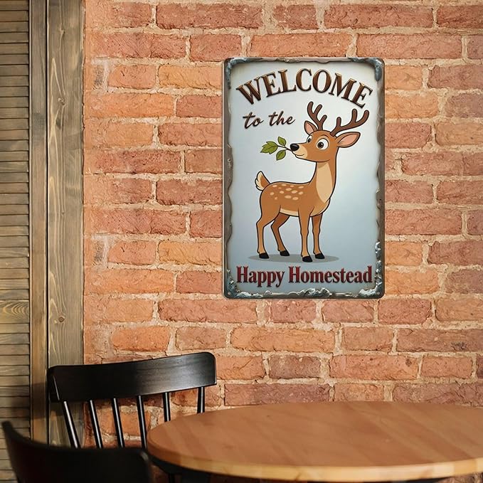 Deer Metal Tin Sign 12x8 Inch – “Welcome to the Happy Homestead” Vintage Farmhouse Wall Decor Wall Art Plaque for Porch Entryway Home