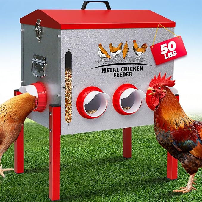 Automatic Chicken Feeder 50LBS Large Capacity, 8 Anti-Waste Ports Metal Poultry Feeder with Height Adjustable Stand, Waterproof Rodent Proof Feed Box with Lid Viewing Window for Hens Ducks Geese