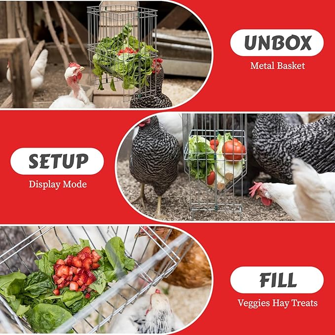 My Favorite Chicken Metal Rack Basket for Chicken Scraps – Hanging or Standing Poultry Feeder for Vegetables, Treats & Hay, Wire Hanging Basket for Chicken Coop, & Small Animals